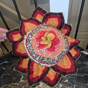 Pier 1 Boho Multi Print Zinnia Flower Pillow Folk Art Hooked Rug Accent Cushion